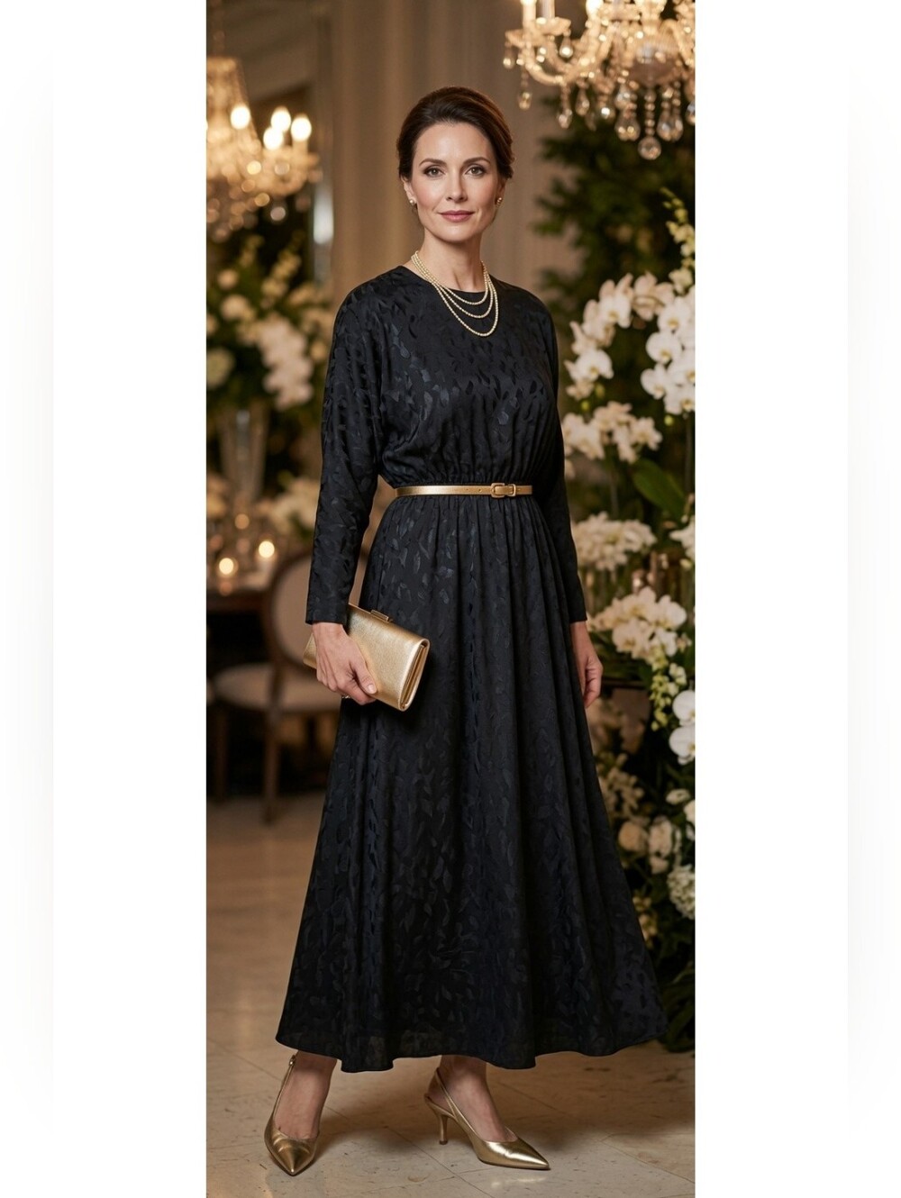 Vintage Handmade Med Black Floral Leaf Print Jacquard Maxi Dress Elastic Waist